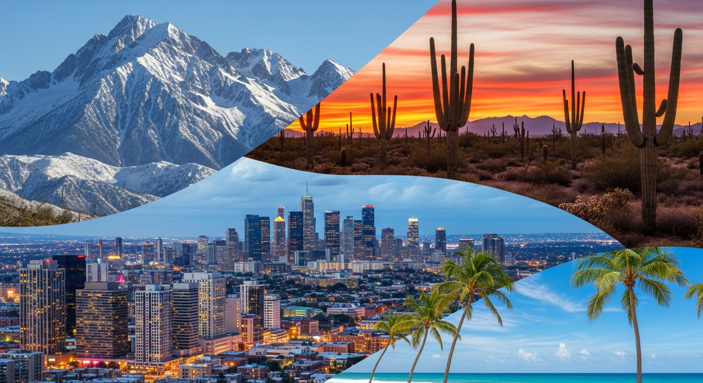 Diverse American landscapes collage representing a journey across 50 states.