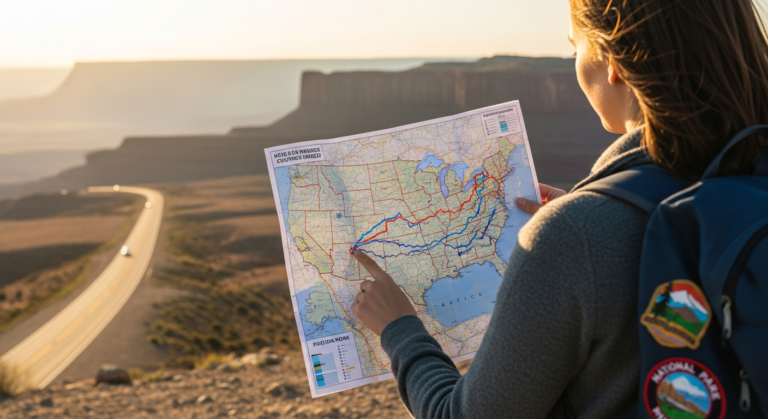 Traveler with backpack viewing a detailed US map with a highlighted 50-state road trip route.