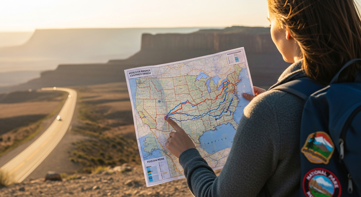 Traveler with backpack viewing a detailed US map with a highlighted 50-state road trip route.