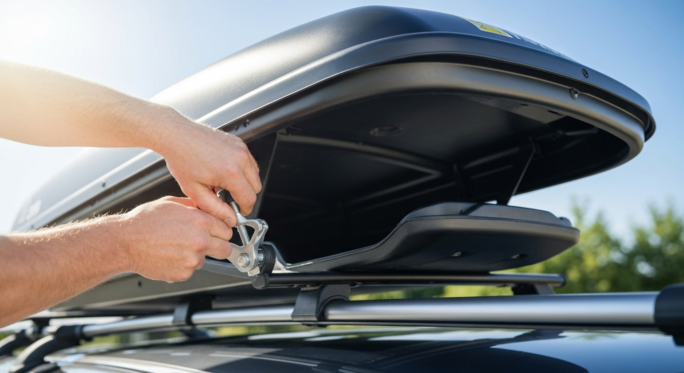 Close-up of Travel 500 roof box quick-attach mounting system installation.