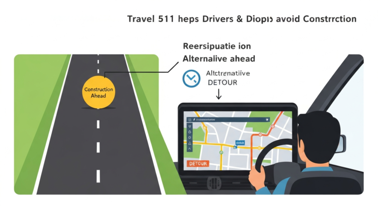Infographic showing a car driver using Travel 511 to find a detour around a construction zone