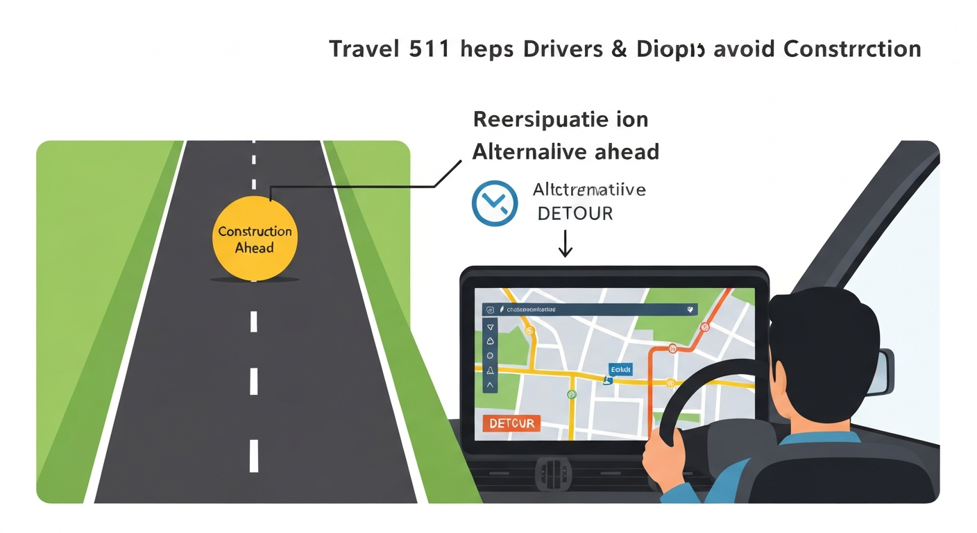 Infographic showing a car driver using Travel 511 to find a detour around a construction zone