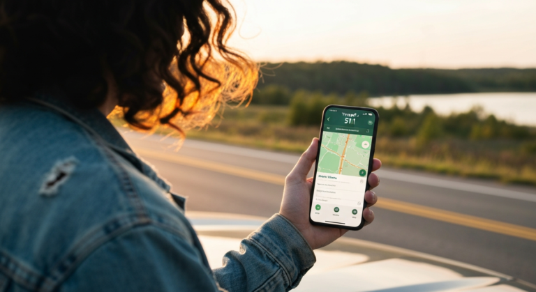 Person safely checking the Travel 511 MN app on a smartphone while pulled over on a scenic Minnesota road.