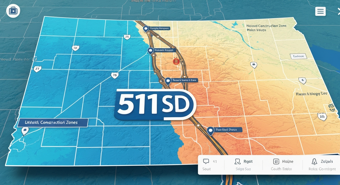 Digital map showing South Dakota road conditions, traffic, and weather updates with a 511 SD logo