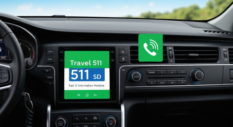 Infographic showing various access methods for Travel 511 SD via phone, app, and website, with icons for road conditions