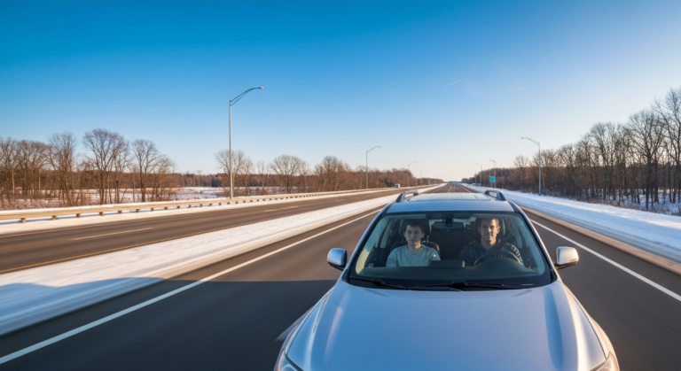 A car driving on a clear winter highway in Wisconsin, with the dashboard subtly showing a navigation system integrated with road condition alerts, representing safe and informed travel using 511 WI.