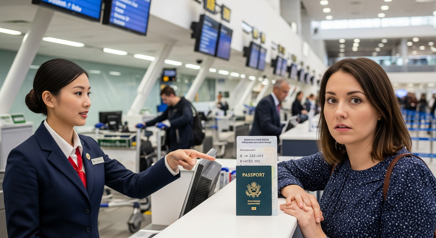 An airline passenger looking distressed while an agent reviews their passport at a check-in desk, highlighting the issue of an expiring passport for international travel. An airline passenger looking distressed while an agent reviews their passport at a check-in desk, highlighting the issue of an expiring passport for international travel.