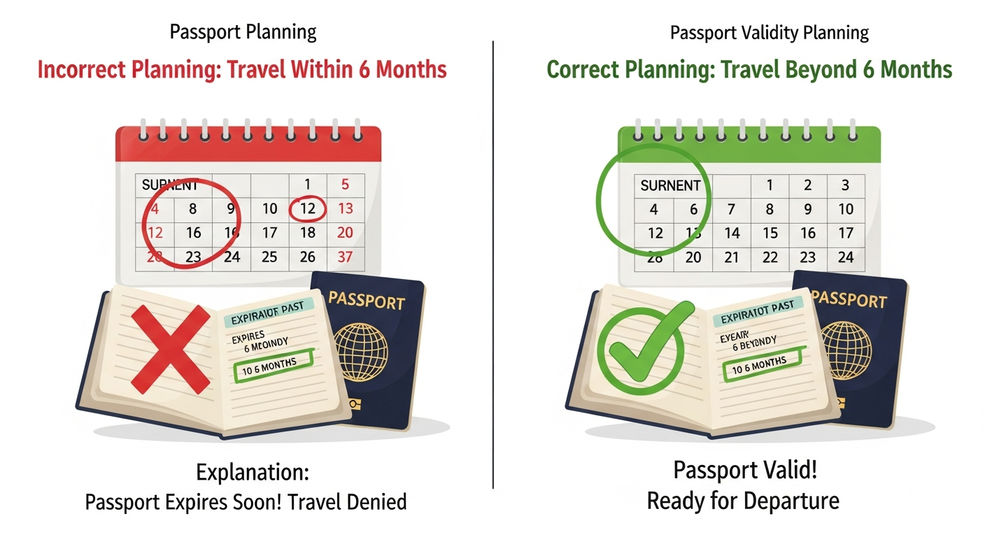 A visual comparison of passport validity: one side shows a passport expiring too soon for a planned trip (red X), while the other side shows ample validity for travel (green check), illustrating the 6-month rule. A visual comparison of passport validity: one side shows a passport expiring too soon for a planned trip (red X), while the other side shows ample validity for travel (green check), illustrating the 6-month rule.