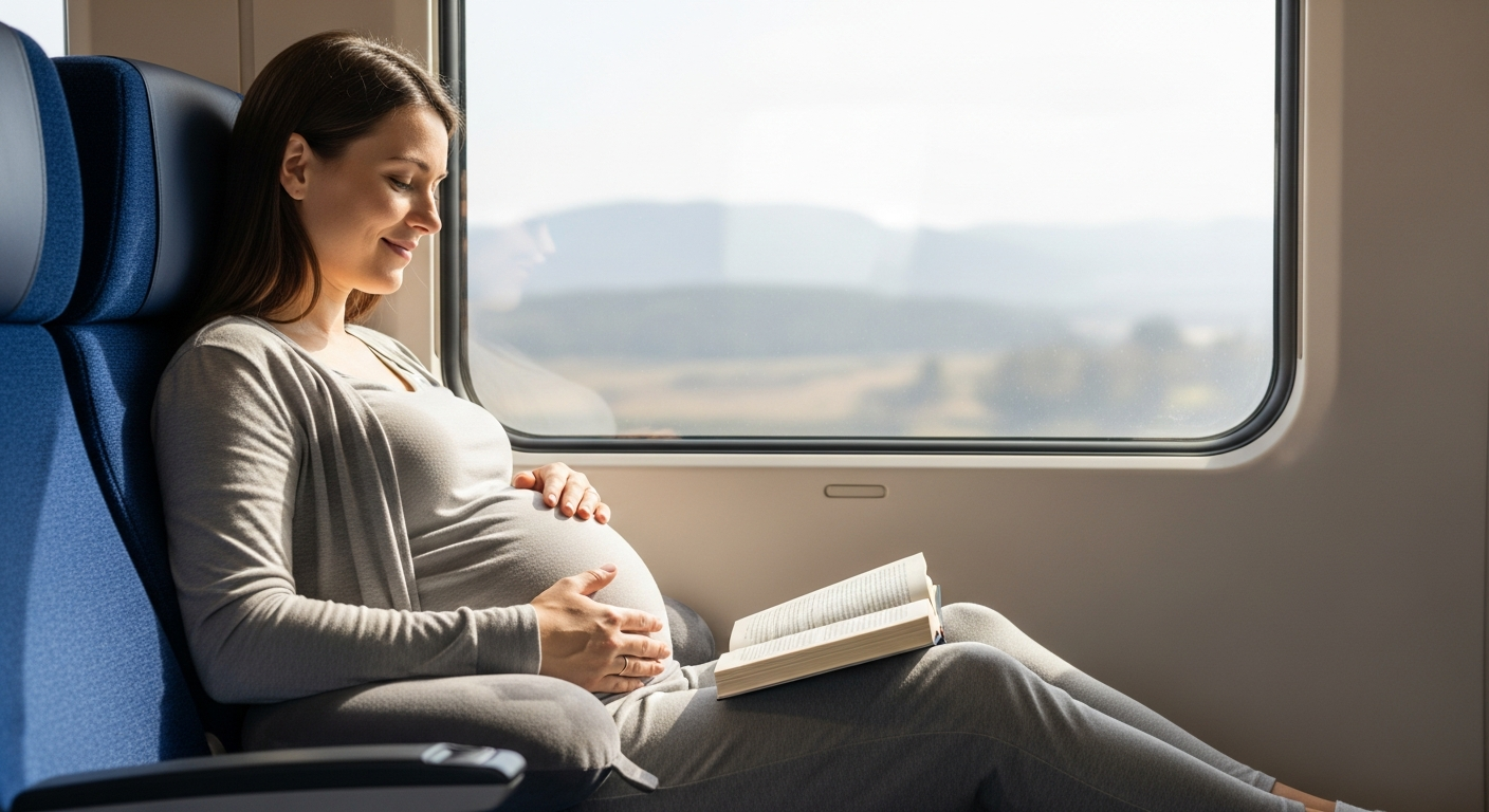 A pregnant woman traveling comfortably during her second trimester, looking relaxed on a journey. A pregnant woman traveling comfortably during her second trimester, looking relaxed on a journey.
