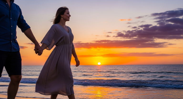 A pregnant couple enjoying a peaceful babymoon on a beach, highlighting safe and relaxing travel.