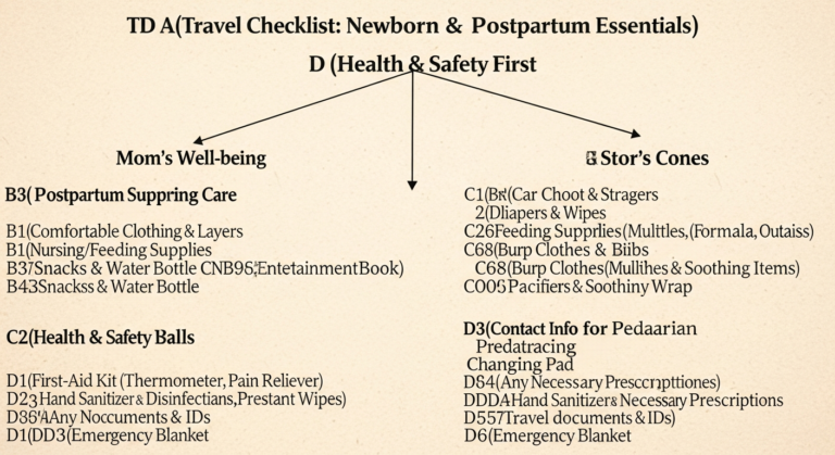 Infographic checklist for postpartum travel with a newborn, detailing essential items for mom and baby.