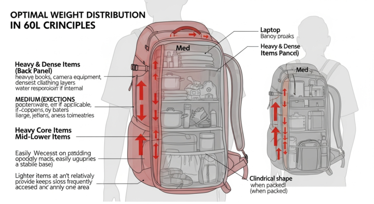Infographic demonstrating proper weight distribution inside a 60L backpack for comfortable travel.