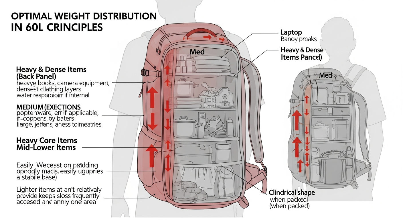 Infographic demonstrating proper weight distribution inside a 60L backpack for comfortable travel.