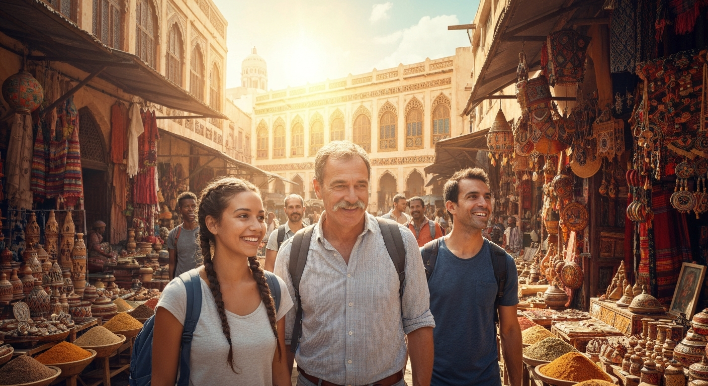Diverse travelers exploring an exotic marketplace, discovering local culture and crafts.