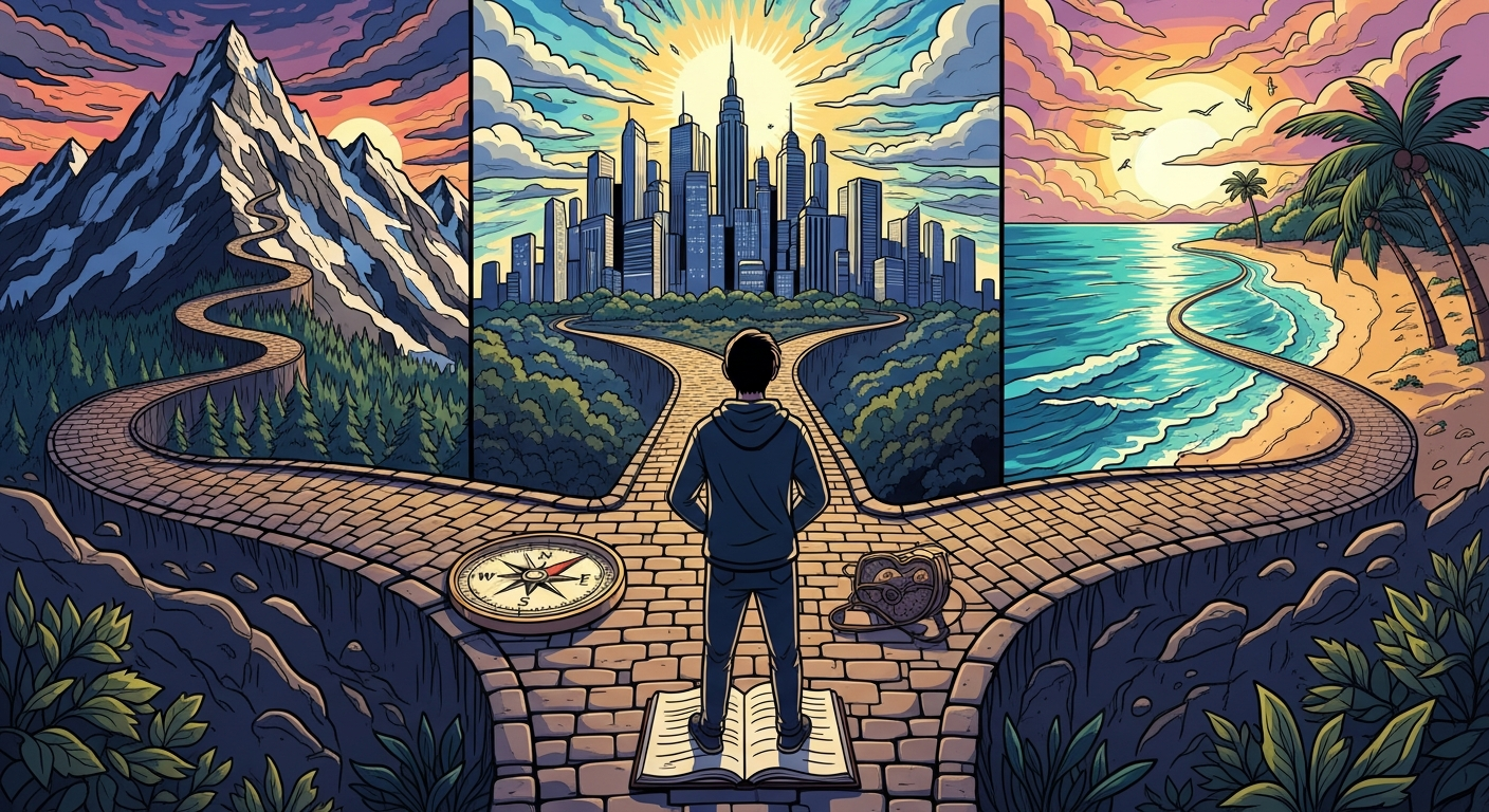 Illustration depicting a traveler at a crossroads, symbolizing the start of a diverse and transformative journey. Illustration depicting a traveler at a crossroads, symbolizing the start of a diverse and transformative journey.