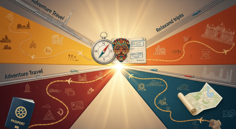 Conceptual artwork representing various forms of travel – adventure, cultural, relaxation – leading to personal discovery.