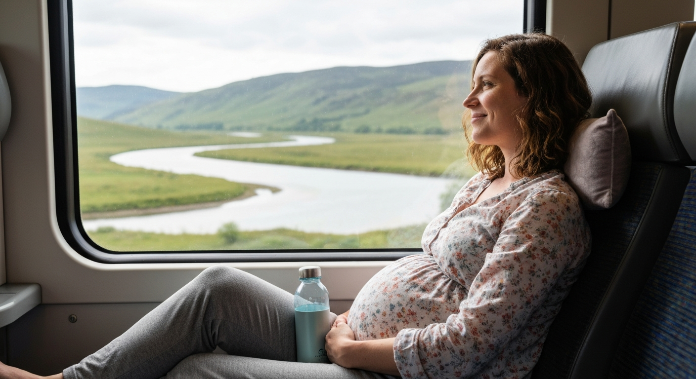 A pregnant woman traveling by train, comfortably seated and enjoying the scenic view, emphasizing safe and relaxed travel in the third trimester.