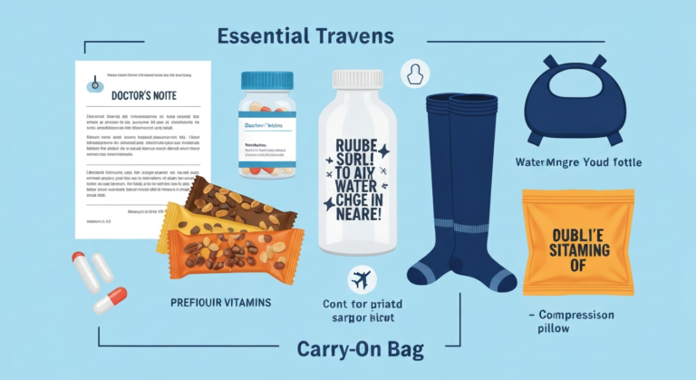 An infographic showing essential items for a pregnant traveler's carry-on, including medical documents, comfort items, snacks, and hydration.