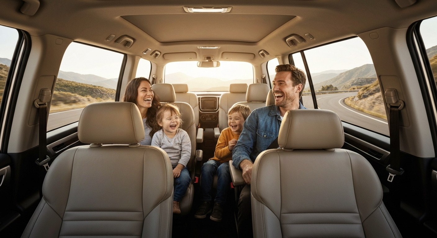 Family enjoying a comfortable and spacious 7-seater interior during a scenic mountain road trip.