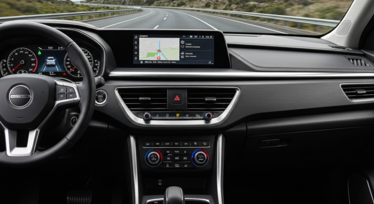 Modern 7-seater dashboard with active safety features displayed on a digital screen, driving on a highway.