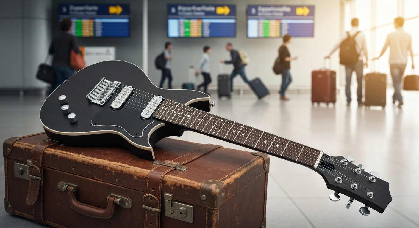 A headless 7 string travel guitar on a suitcase in an airport lounge, ready for a journey.