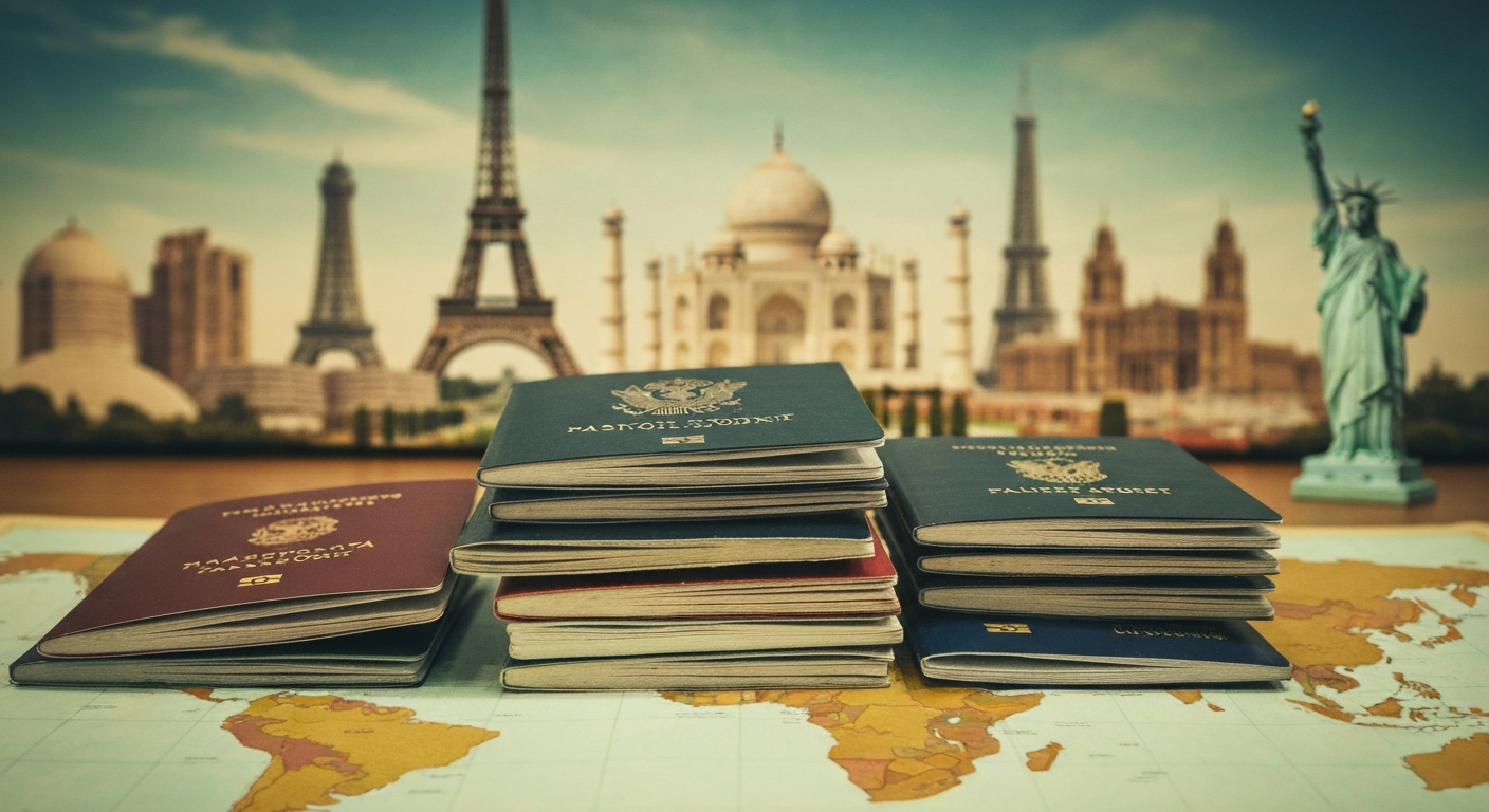 Stack of passports from many nations on a world map, representing extensive international travel. Stack of passports from many nations on a world map, representing extensive international travel.