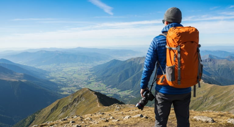 Adventurous traveler overlooking a panoramic landscape, symbolizing global exploration and discovery.