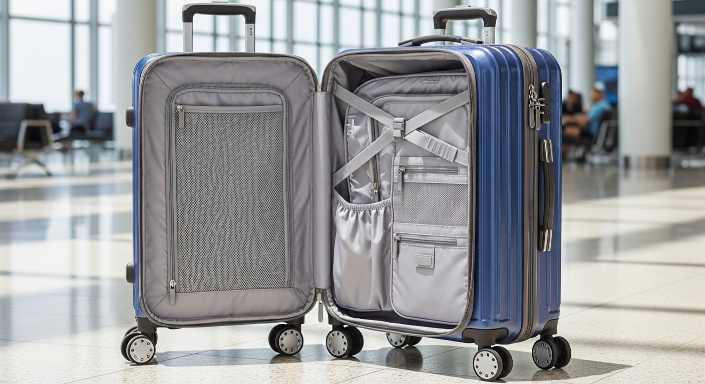 Modern Travel 8 luggage showcasing sleek design and smart features in an airport setting with organized interior visible