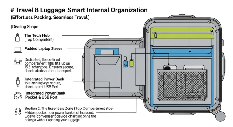 Infographic demonstrating the advanced internal organization and smart compartments of Travel 8 luggage including tech features