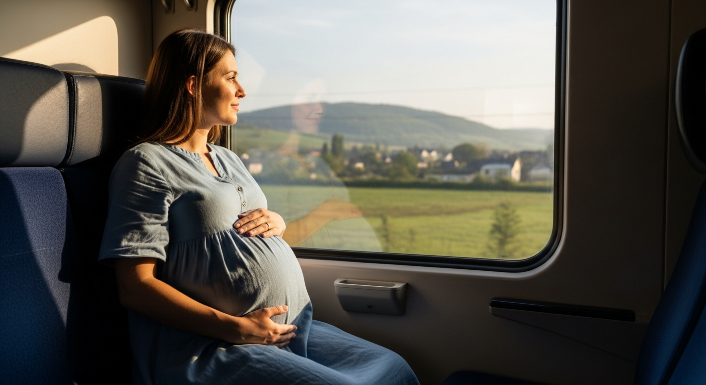 A pregnant woman in her eighth month traveling comfortably by train, looking out the window at a scenic landscape. A pregnant woman in her eighth month traveling comfortably by train, looking out the window at a scenic landscape.