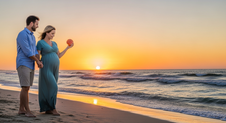 A pregnant couple walking hand-in-hand on a beach during sunset, enjoying a relaxing babymoon.