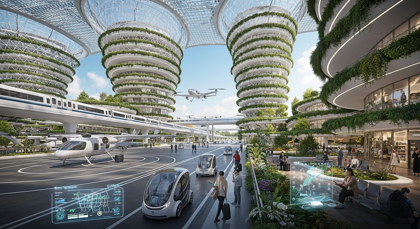 A bustling, futuristic travel hub with sustainable transport options and smart technology for seamless journeys.