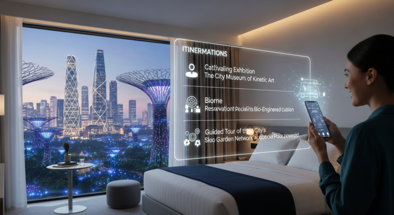 A traveler engaging with a holographic itinerary display, planning a personalized and sustainable trip in a modern hotel room.