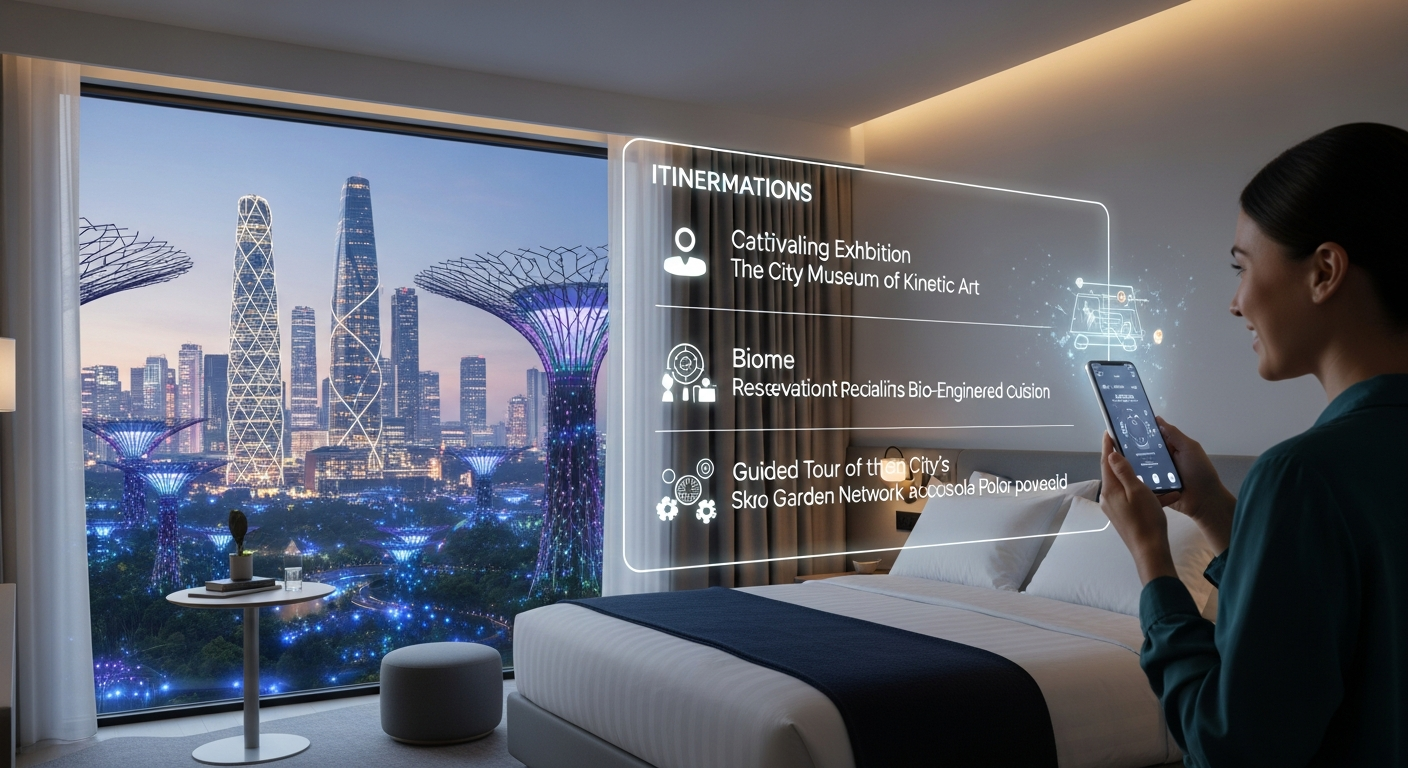 A traveler engaging with a holographic itinerary display, planning a personalized and sustainable trip in a modern hotel room.