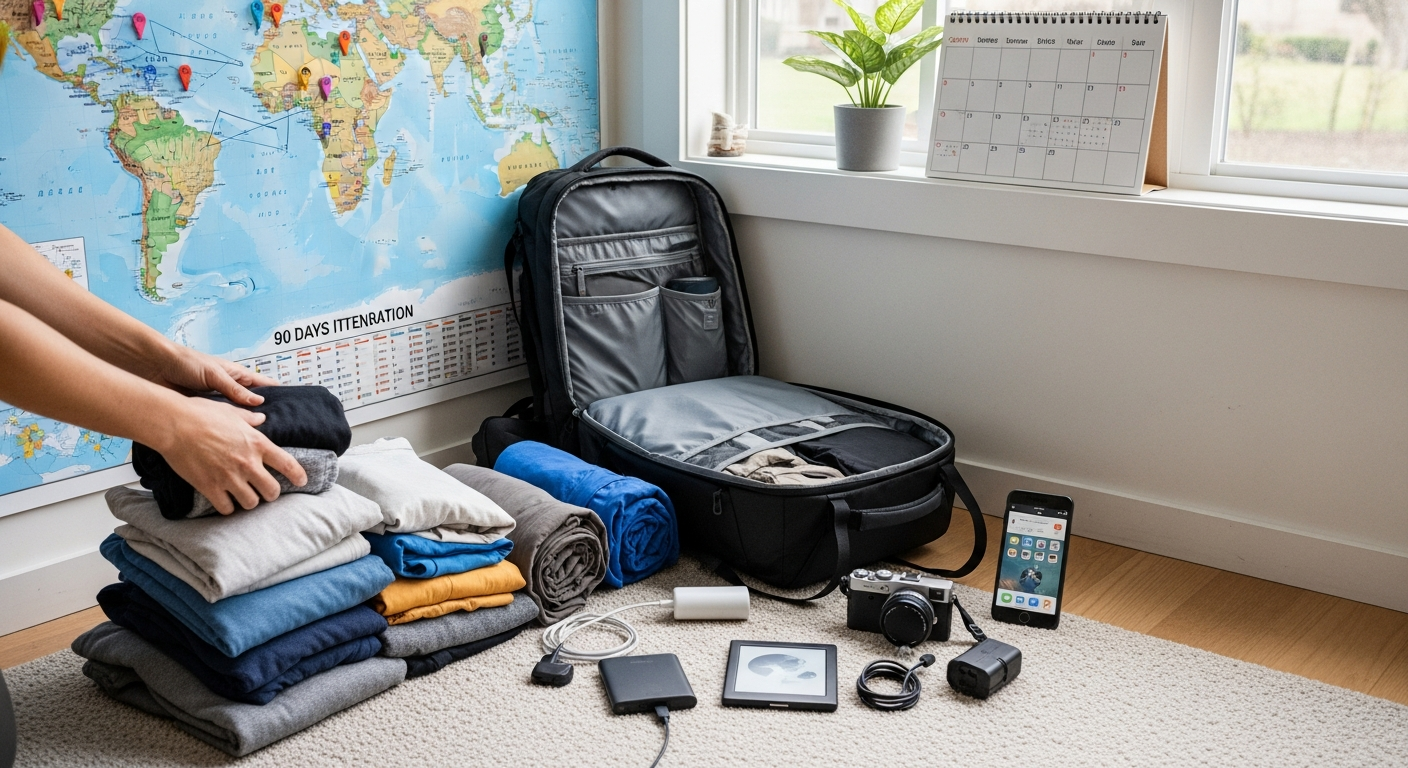 A traveler meticulously organizing a backpack with a variety of clothing layers, a universal adapter, and a first-aid kit, set against a backdrop of travel plans and destination photos, symbolizing preparedness for a 90-day adventure.