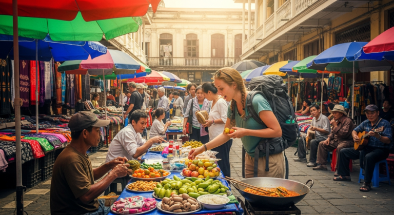 A smiling traveler engaging with a local artisan at a vibrant outdoor market, surrounded by colorful crafts and traditional goods, illustrating deep cultural interaction and an authentic travel experience.