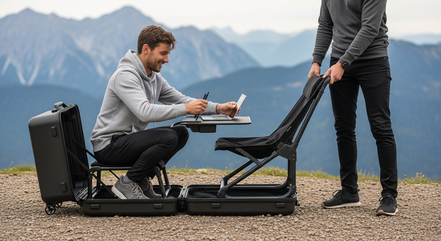 Traveler effortlessly assembling a compact, modular Travel 900 Easy Fit system in a beautiful natural landscape, highlighting its ease of use and portability.