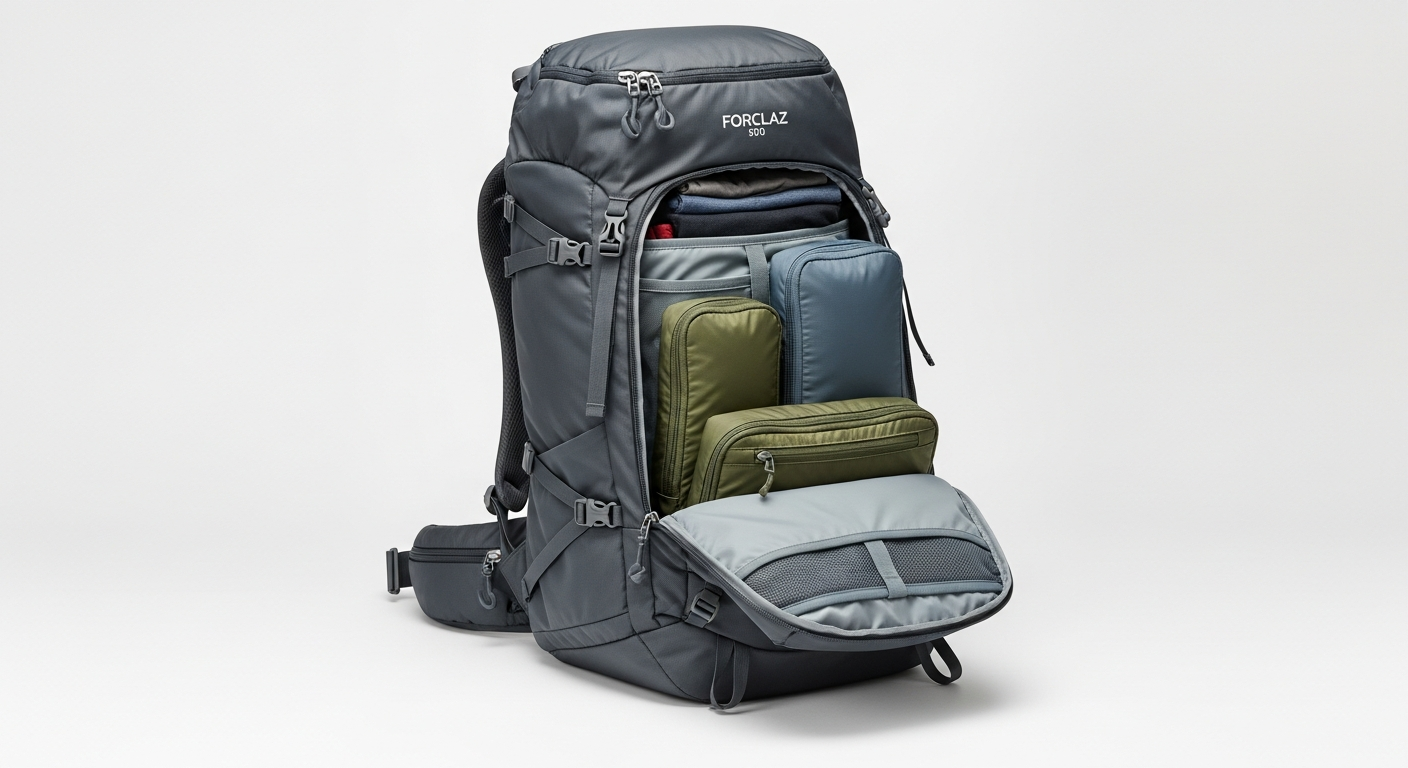 Forclaz Travel 900 backpack with full front opening displaying organized interior and packing cubes.