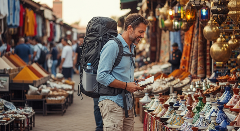 Traveler comfortably wearing a Forclaz Travel 900 backpack while exploring a busy, colorful marketplace.
