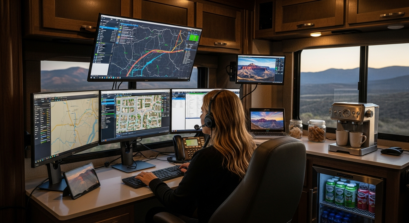 A travel 911 dispatcher managing emergency calls from a mobile command center, highlighting flexibility.