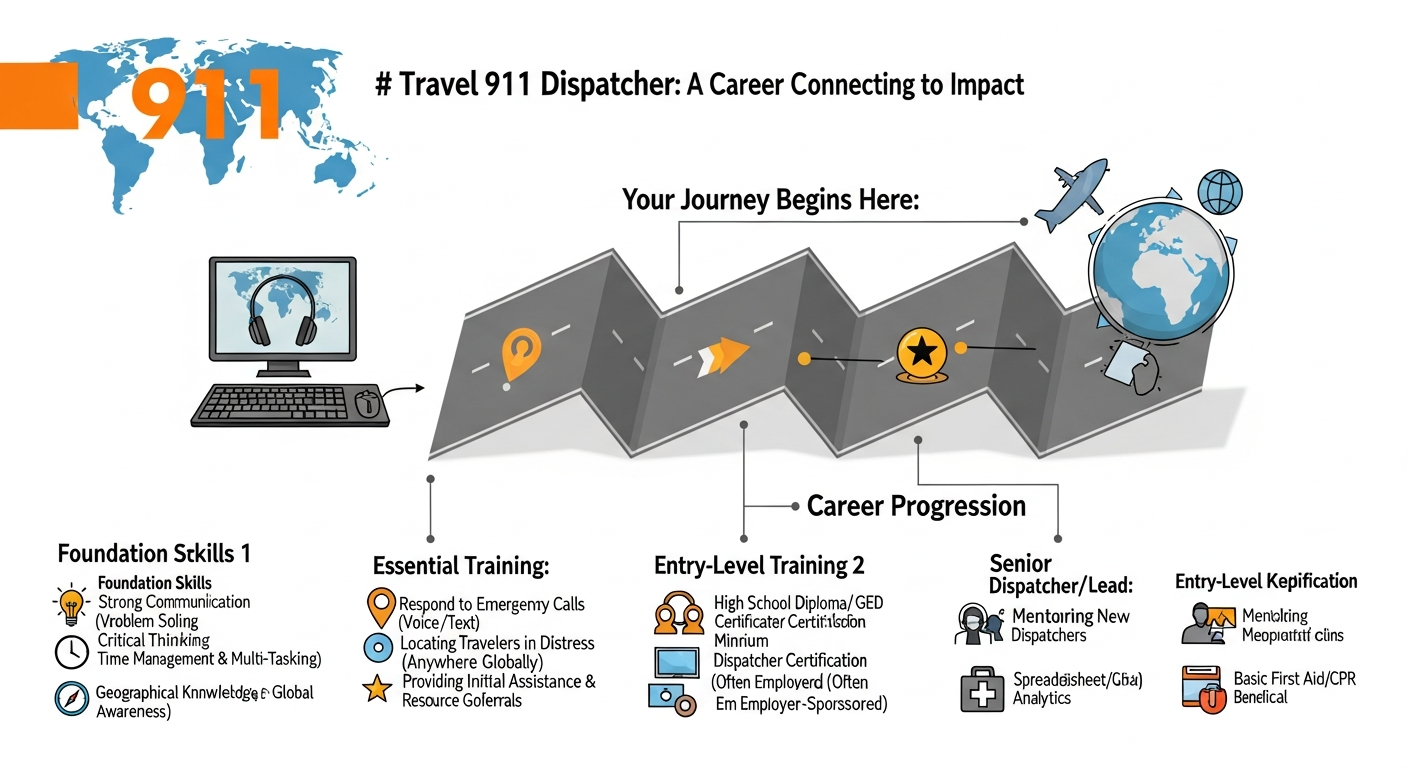 Infographic detailing the career path, skills, and benefits of becoming a travel 911 dispatcher.