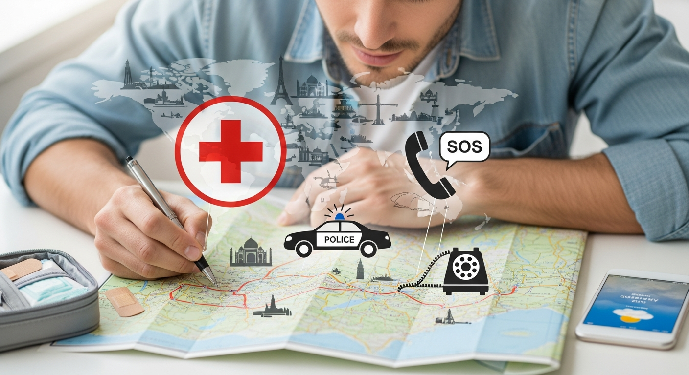 A person reviewing a travel emergency preparedness guide with icons for medical help, police, and communication, symbolizing readiness for unexpected situations abroad.