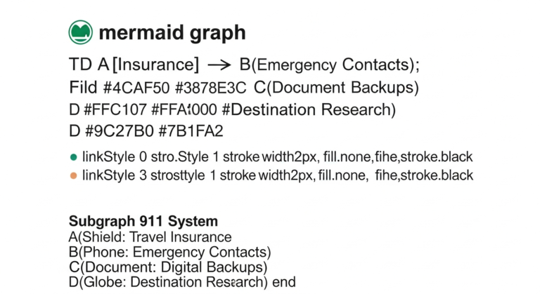 An infographic illustrating the interconnected components of 'Travel 911' emergency preparedness, including travel insurance, emergency contacts, document backups, and destination research.
