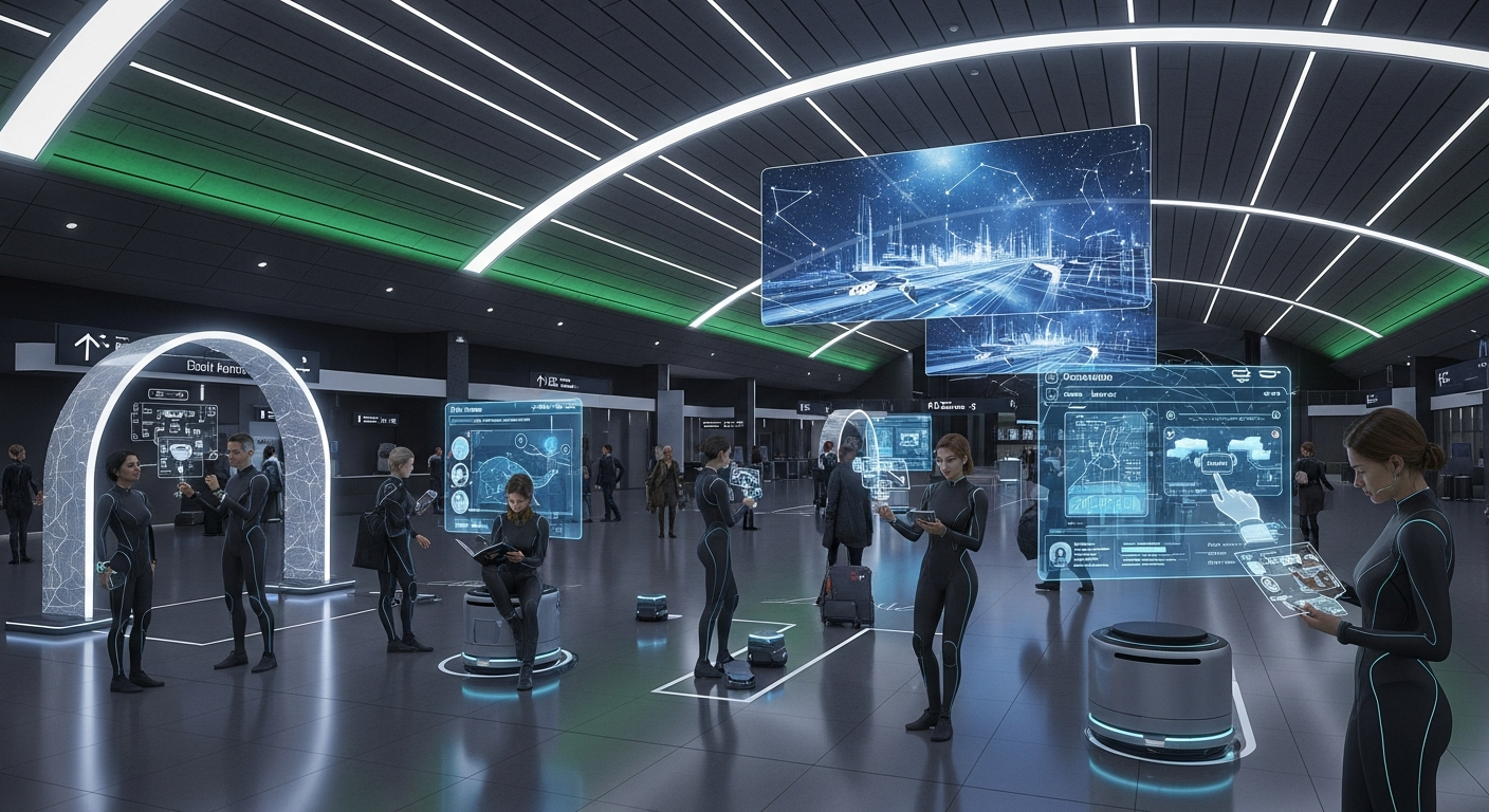 A bustling futuristic travel hub with holographic interfaces, symbolizing the integrated and advanced nature of Travel 96.