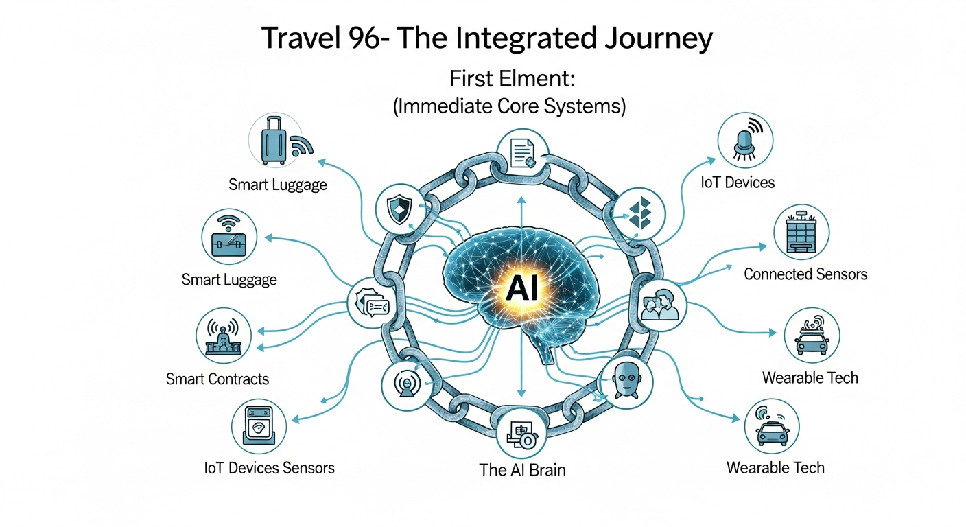An illustrative diagram depicting the core technologies of Travel 96, including AI for planning, blockchain for security, and IoT for connectivity, all working together.