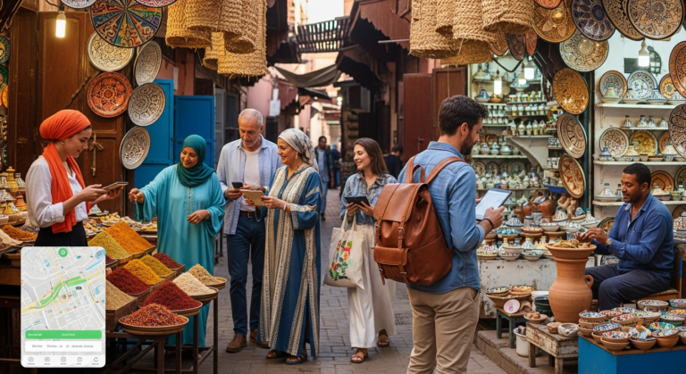 Travelers immersed in a vibrant local market, experiencing authentic culture and demonstrating responsible tourism.