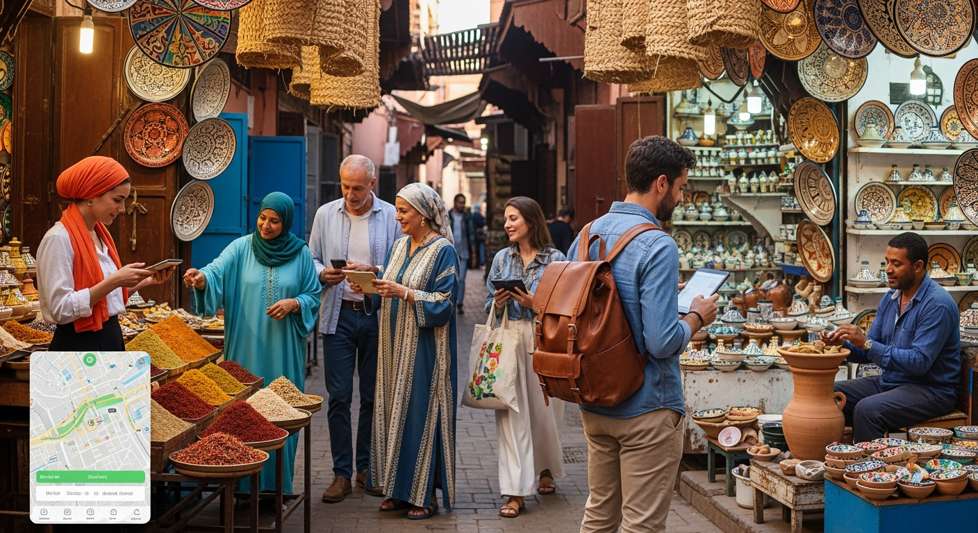 Travelers immersed in a vibrant local market, experiencing authentic culture and demonstrating responsible tourism. Travelers immersed in a vibrant local market, experiencing authentic culture and demonstrating responsible tourism.