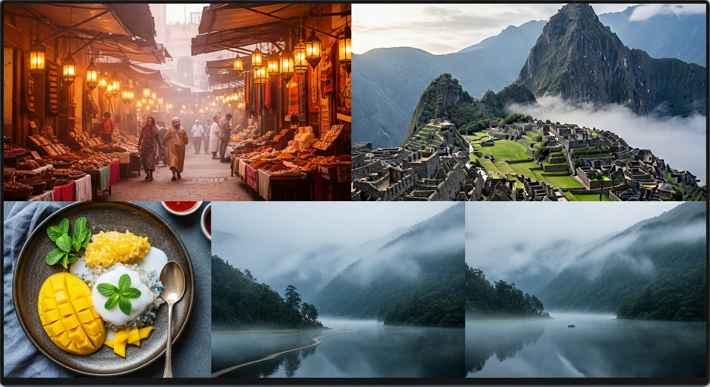 A dynamic collage representing Travel Channel's content, featuring scenes of adventure, food, and mystery on a screen. A dynamic collage representing Travel Channel's content, featuring scenes of adventure, food, and mystery on a screen.