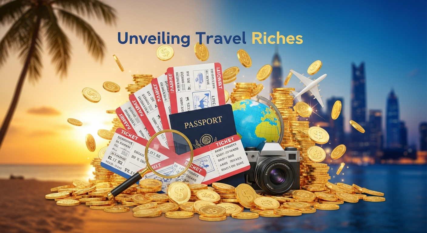 Illustration of travel essentials and money, representing the search for travel deals and savings.