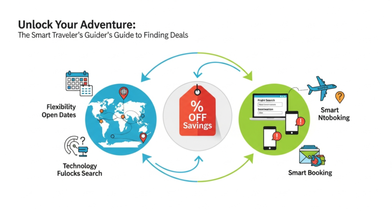 Infographic showing steps and tools for finding cheap travel deals, emphasizing flexibility and technology.